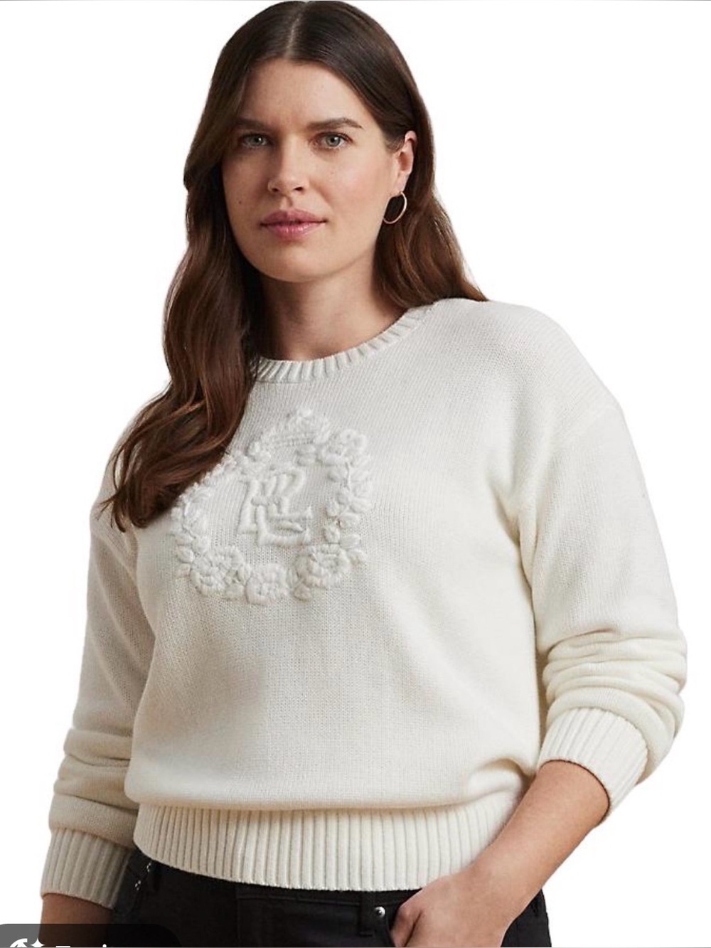 Lauren Ralph Lauren Floral-Logo Crest Combed Cotton Sweater Size m